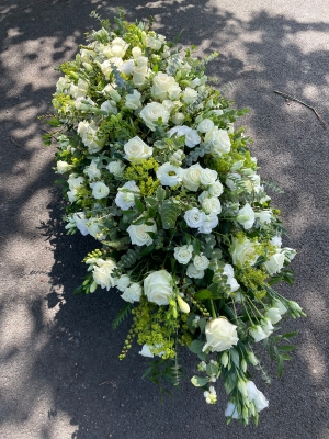 White funeral spray with roses & Lisianthus