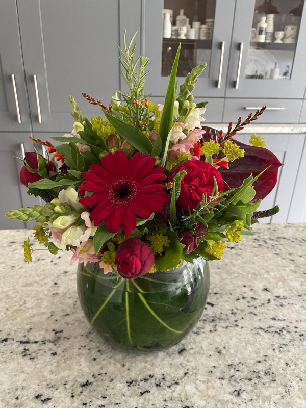 Ruby fish bowl arrangement