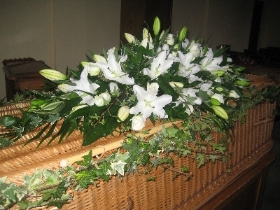 Casket Spray of all white lilies & foliage